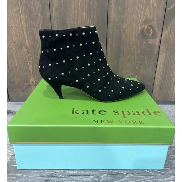 Kate Spade Starr Studded Ankle Boots Black Kid Suede Size 8.5M New Defaced